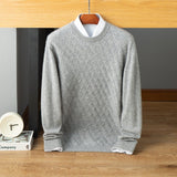 Mens Diamond Pattern Cashmere Sweater Crew Neck Long Sleeve Knit Sweatershirt