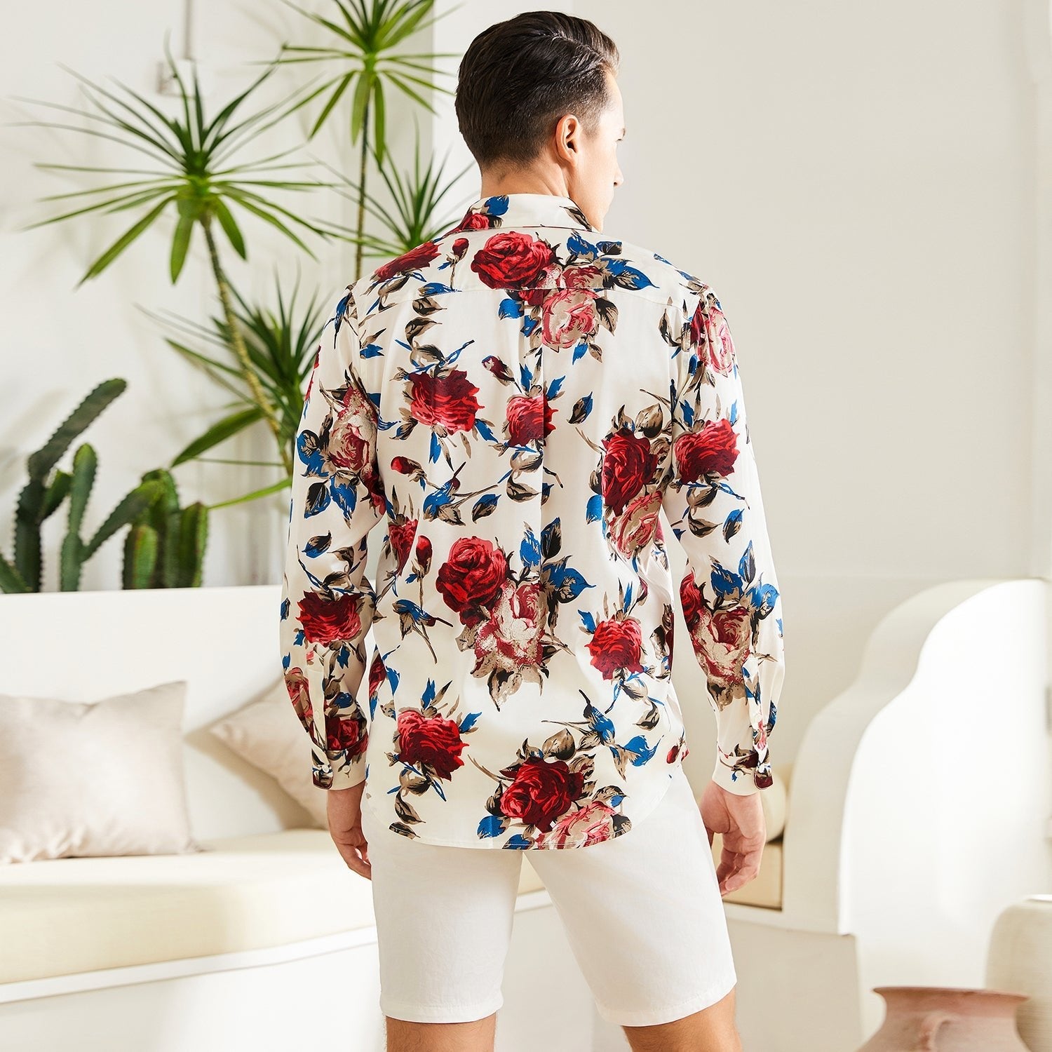 Men s Flower Printed Silk Shirts Button Down silk dress shirt