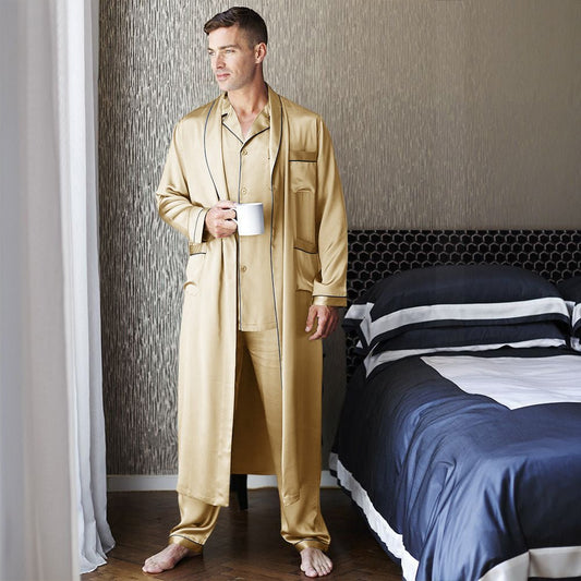 Mens Long Silk Pajamas & Robe Set Full Length Silk Sleepwear