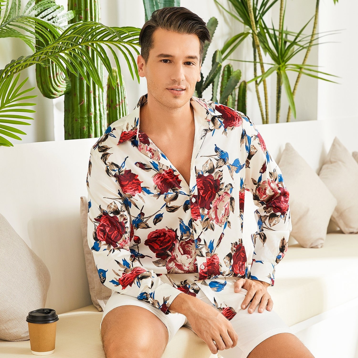 Men's Long Sleeve Flower Printed Silk Shirts Button Down Flower Silk Dress Shirt - slipintosoft