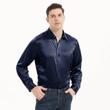 Mens Long Sleeves Silk Shirt Hidden Placket Silk Dress Shirts