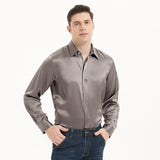 Mens Long Sleeves Silk Shirt Hidden Placket Silk Dress Shirts