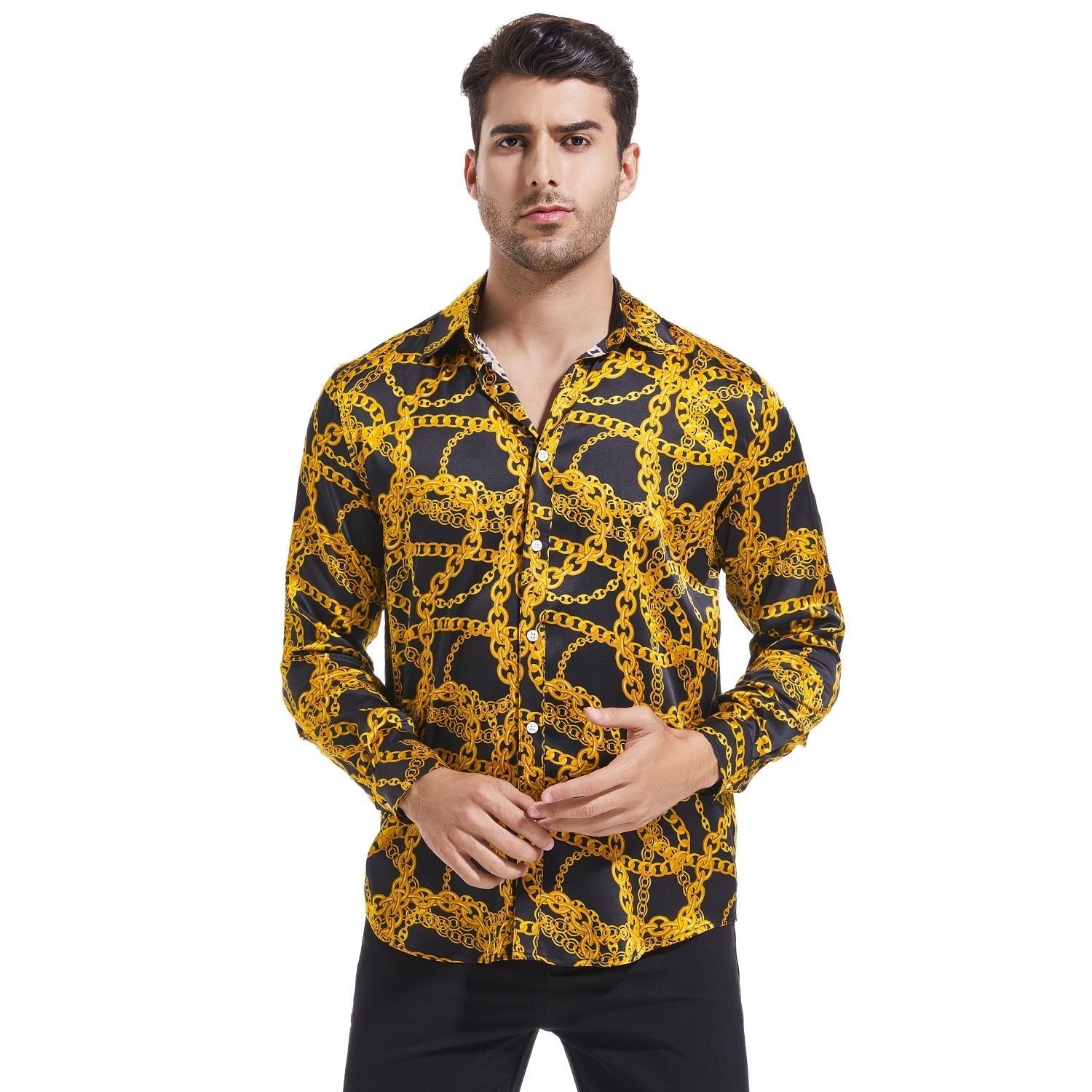 Men's Luxury Gold Chains Print Button Down Long Sleeve Silk Dress Shirt - slipintosoft