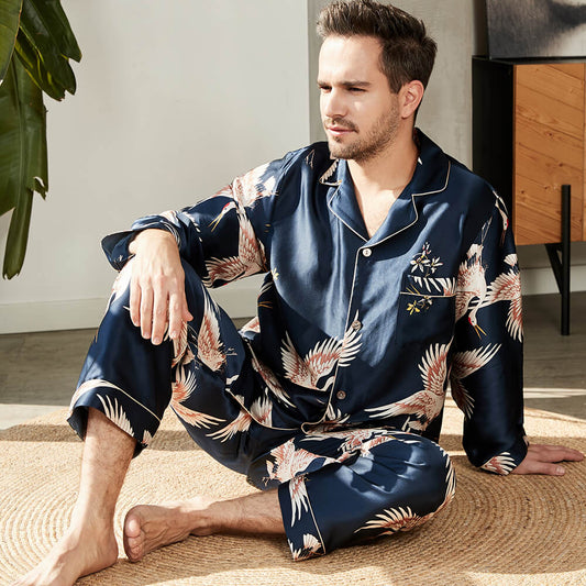 Men s Luxury Silk Pajamas Set Crane Print Mulberry Silk Sleepwear