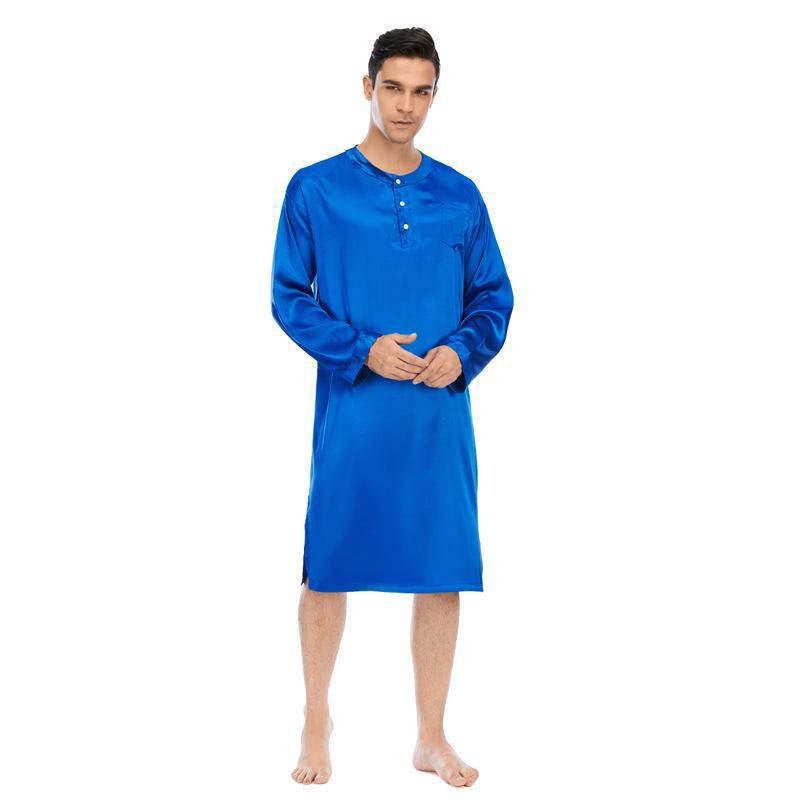 Mens Royal Blue Round Neck Pullover Mulberry Silk Nightgown - slipintosoft