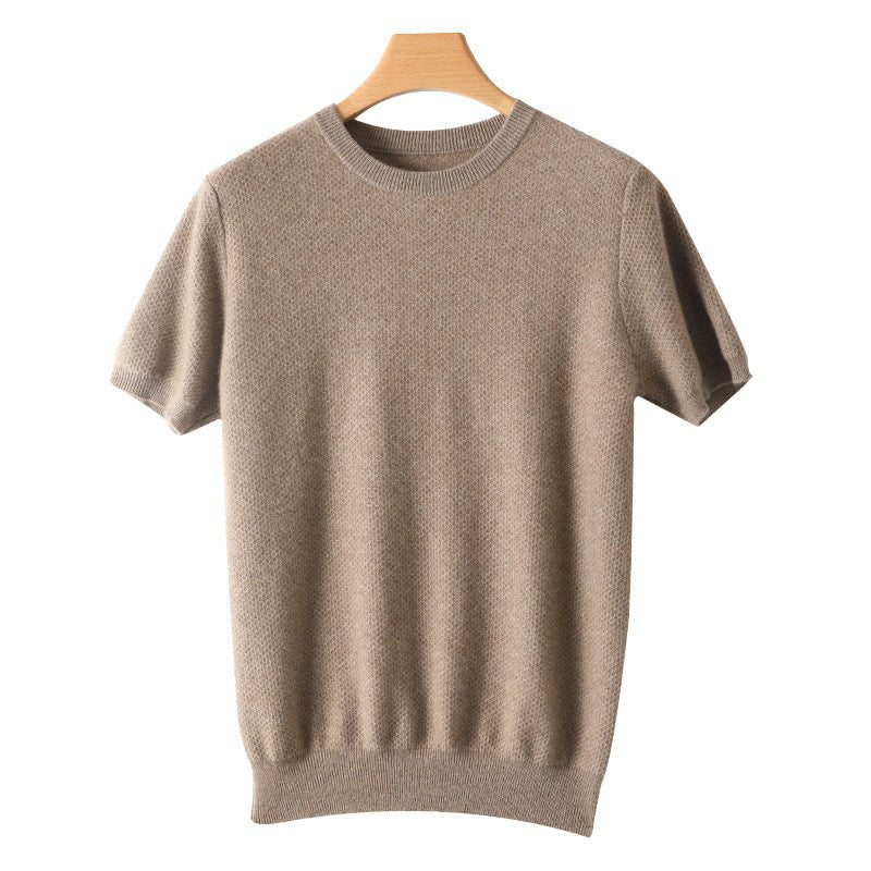 Mens Short Sleeve Pure Cashmere Sweater Crew Neck Textured Soft Knit Tops