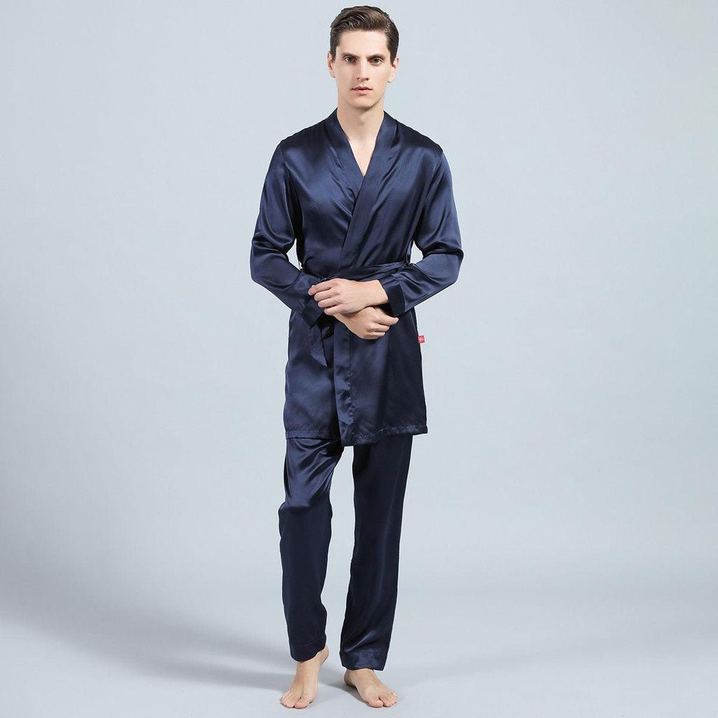 22MM Long Sleeves Mens Silk Pajamas Set 2 Piece Robe & Pant Set 100% Mulberry Silk PJS