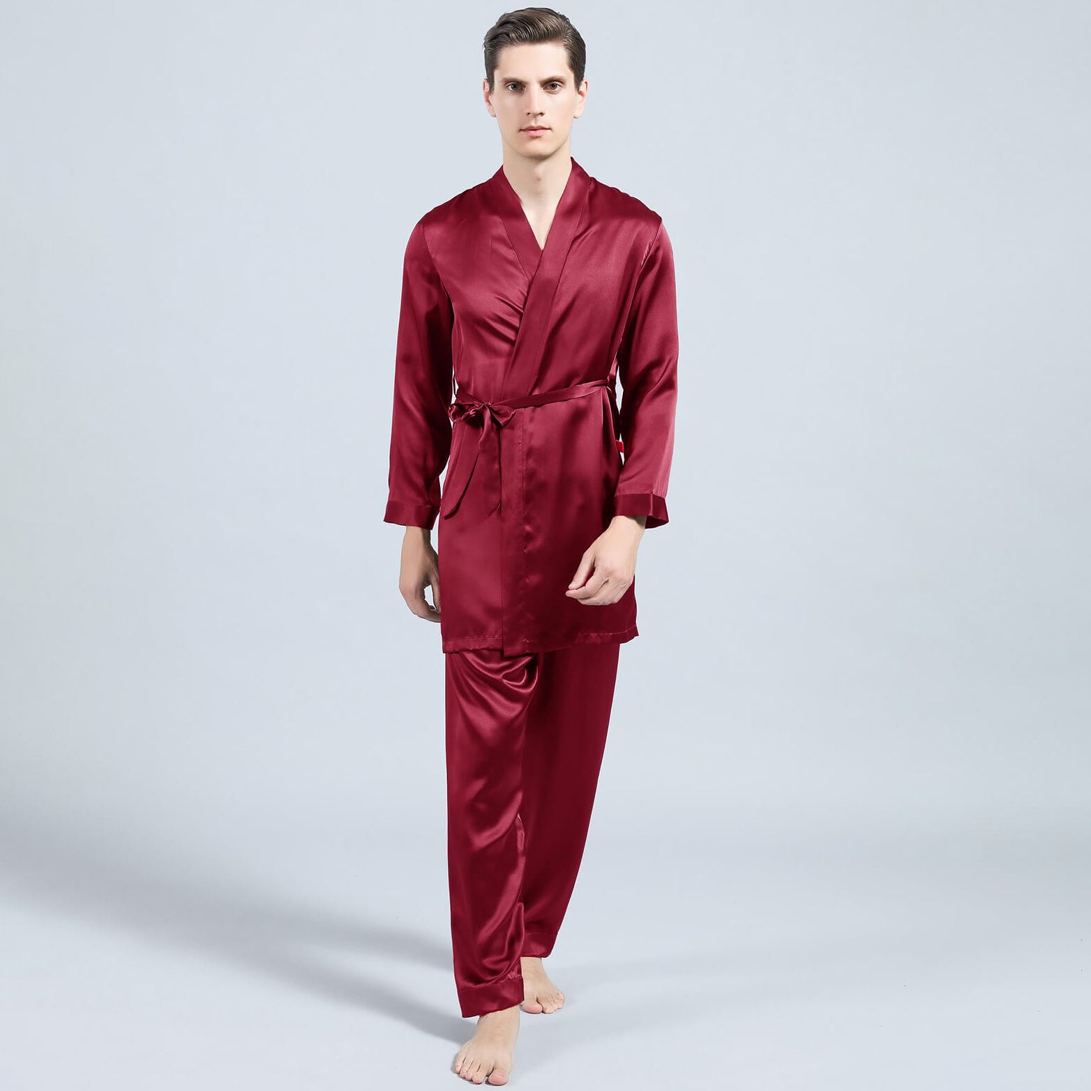 22MM Long Sleeves Mens Silk Pajamas Set 2 Piece Robe & Pant Set 100% Mulberry Silk PJS