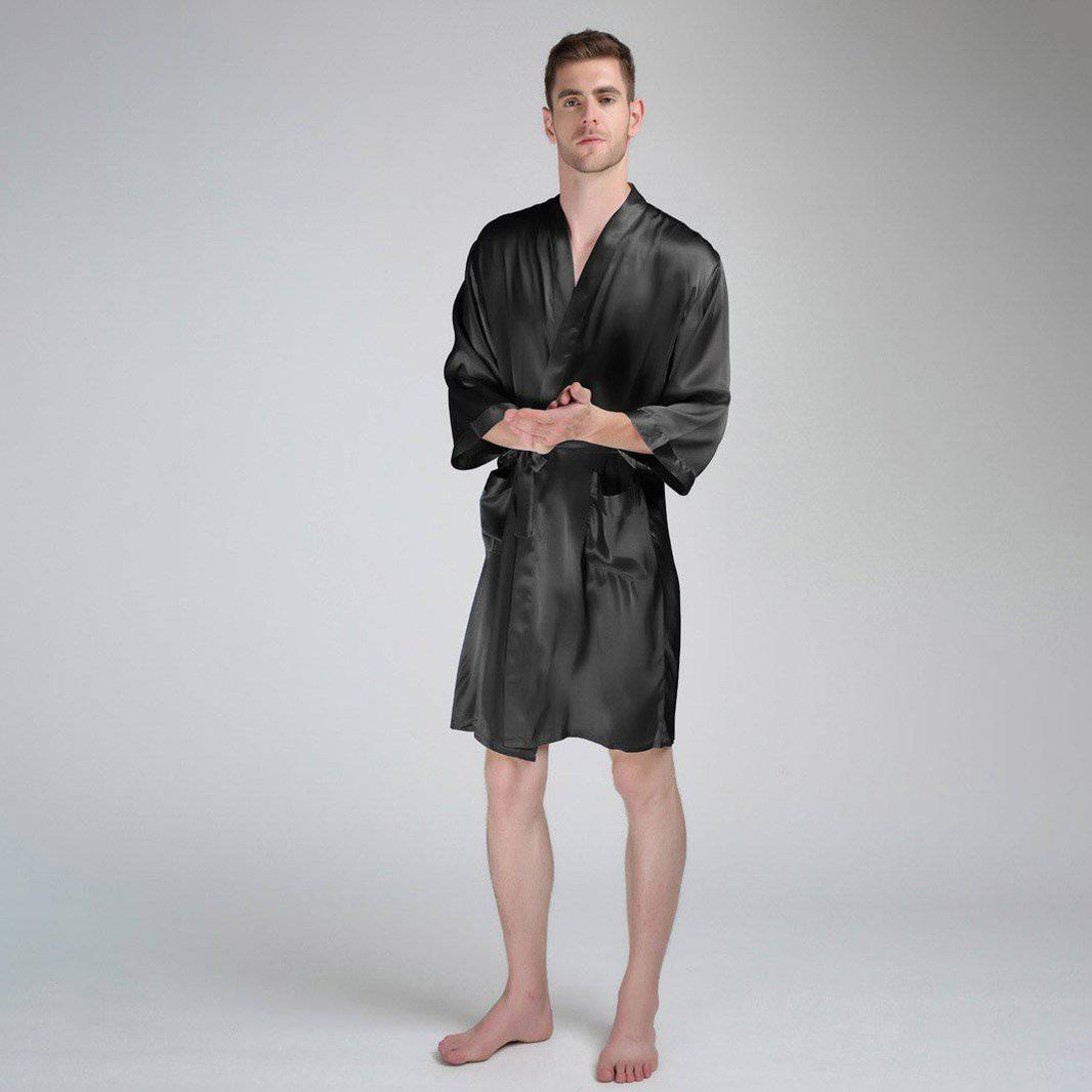 black mens silk dressing gown 22 Momme Black Collar Silk Robe Navy Blue XL