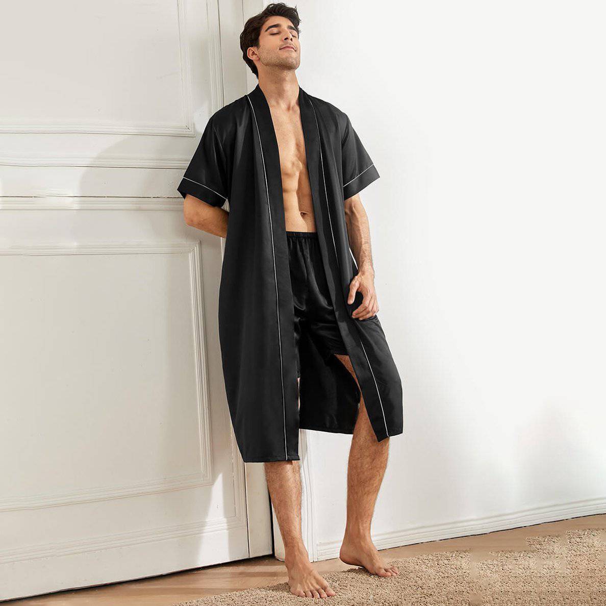 Men s Silk Robe Set Two Pieces Silk Kimono Robe with Shorts Set