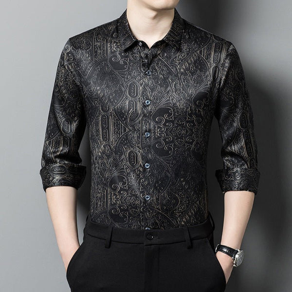 dress shirt semi formal baroque attire for men Brilliance Cotton Men's Casual Casual Shirt Vercini BROWN / S Collared Button Men Baroque Print Short Sleeve
