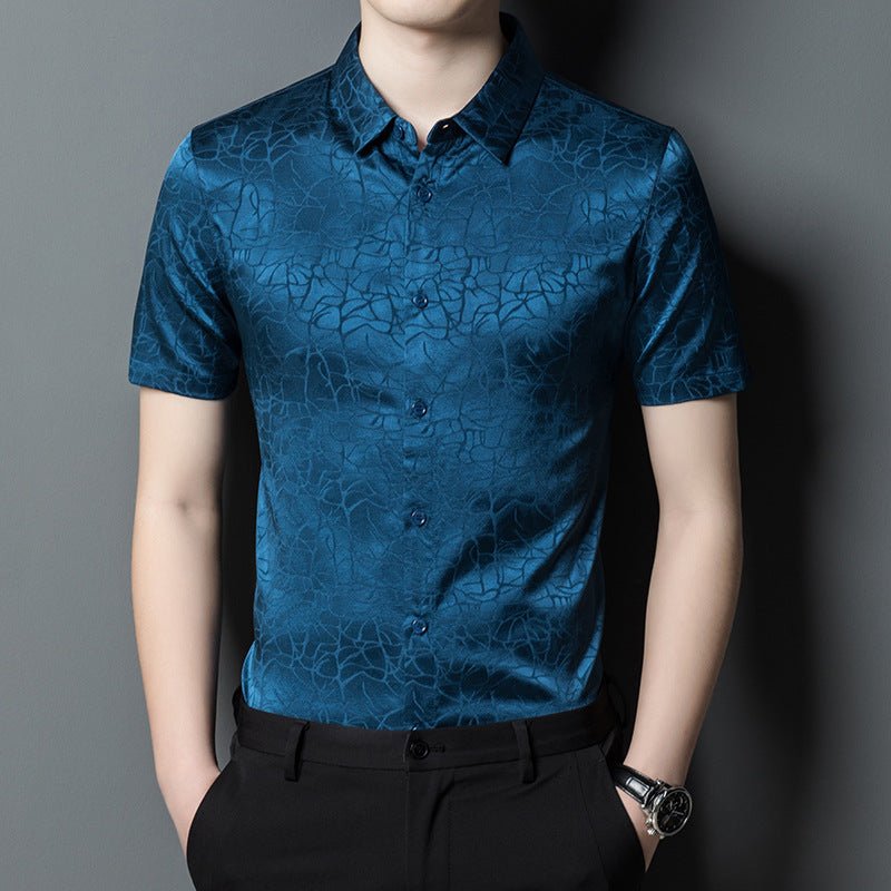 Mens Silk Shirts Short Sleeve Abstract Textured Pattern Silk Dress Shirt