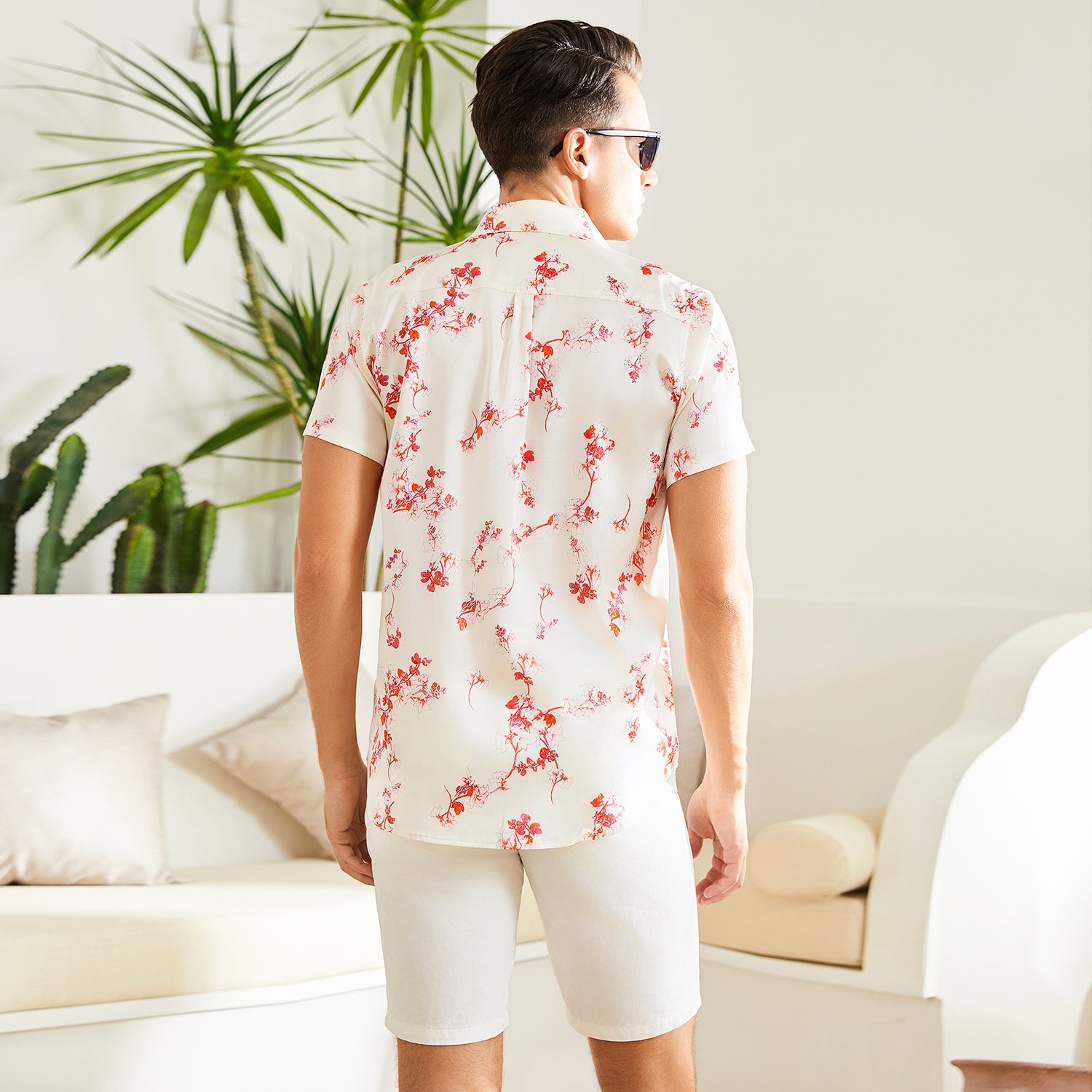 Men's Silk T Shirt Floral Print Short Sleeve White Silk Dress Shirt - slipintosoft