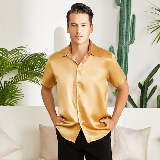 Men's Silk T-Shirt Luxury Button Down Silk Short Dress Shirt