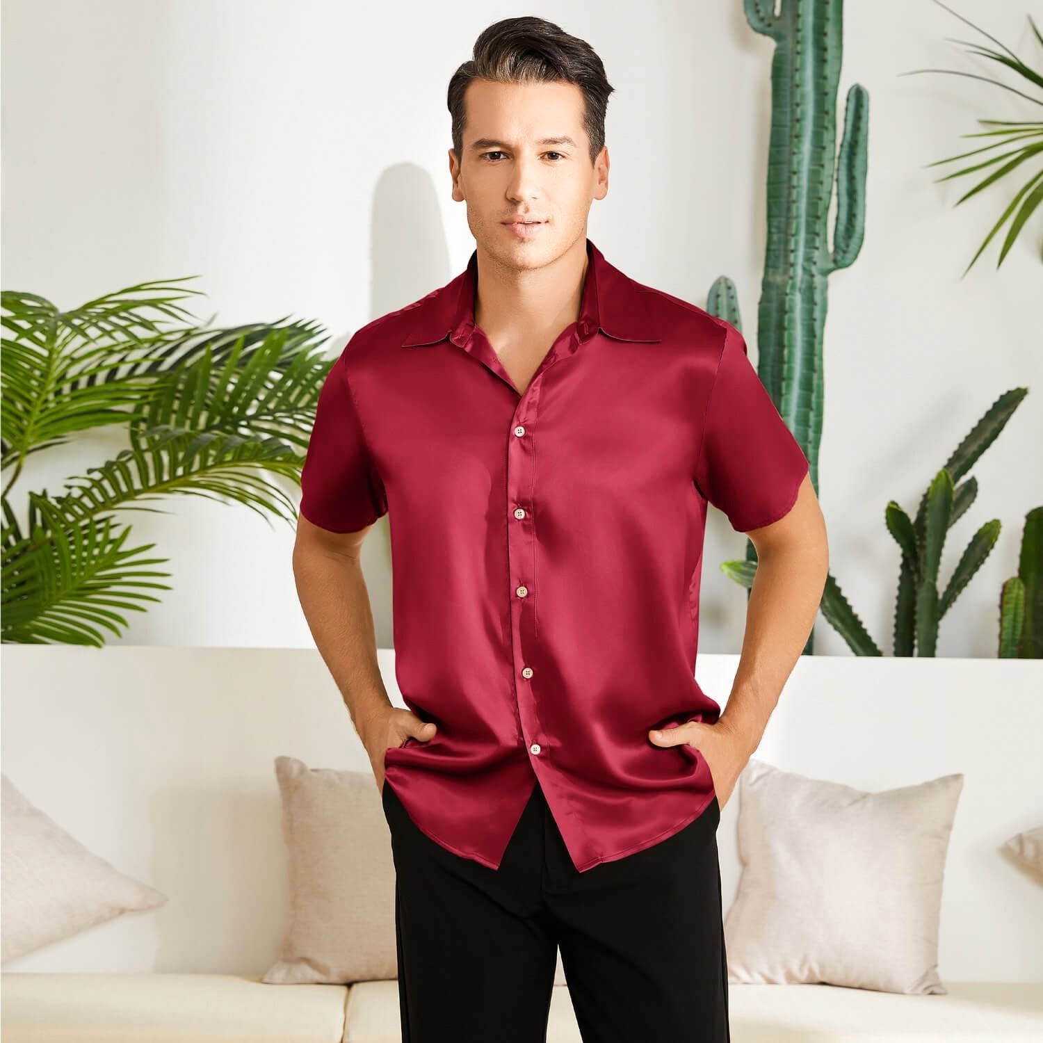 Mens Baroque Short Sleeve Button Down Shirt - Black With White Trim, Silky Feel