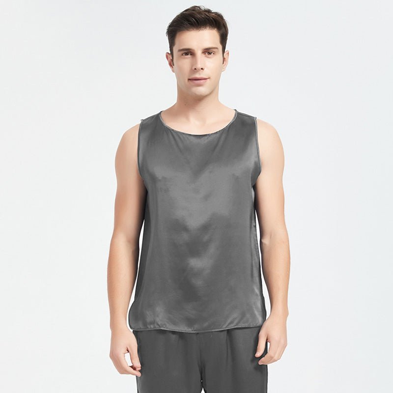 Mens Silk Tank Top Set Sleeveless Silk Sleepwear Pajamas Set