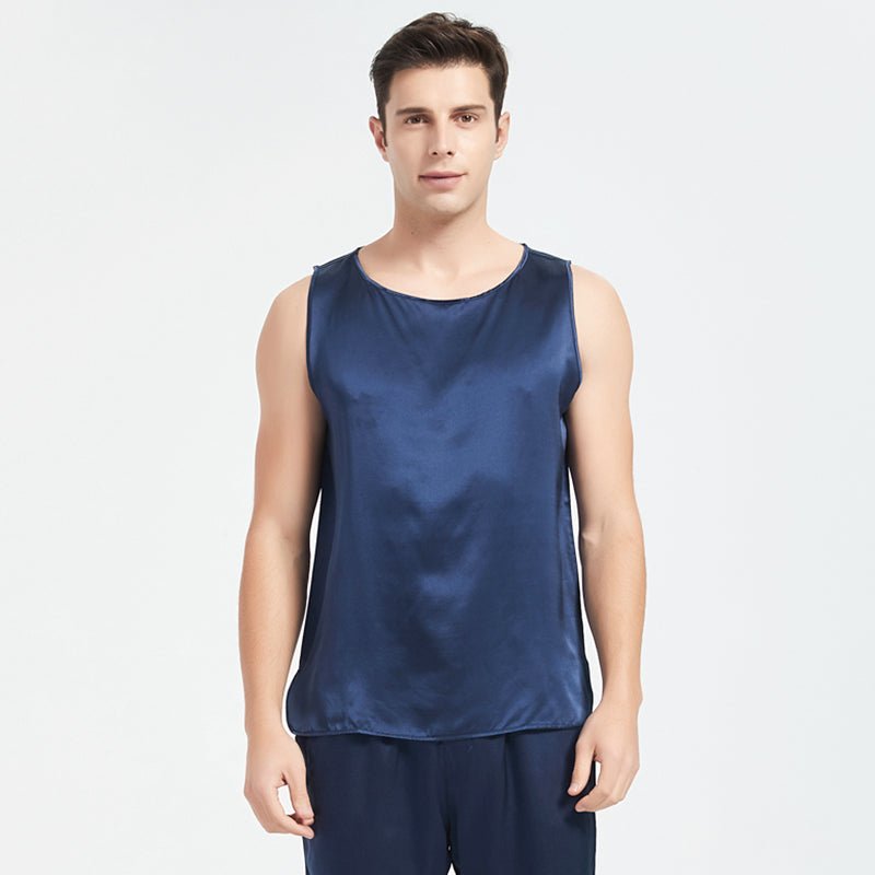 Mens Silk Tank Top Set Sleeveless Silk Sleepwear Pajamas Set