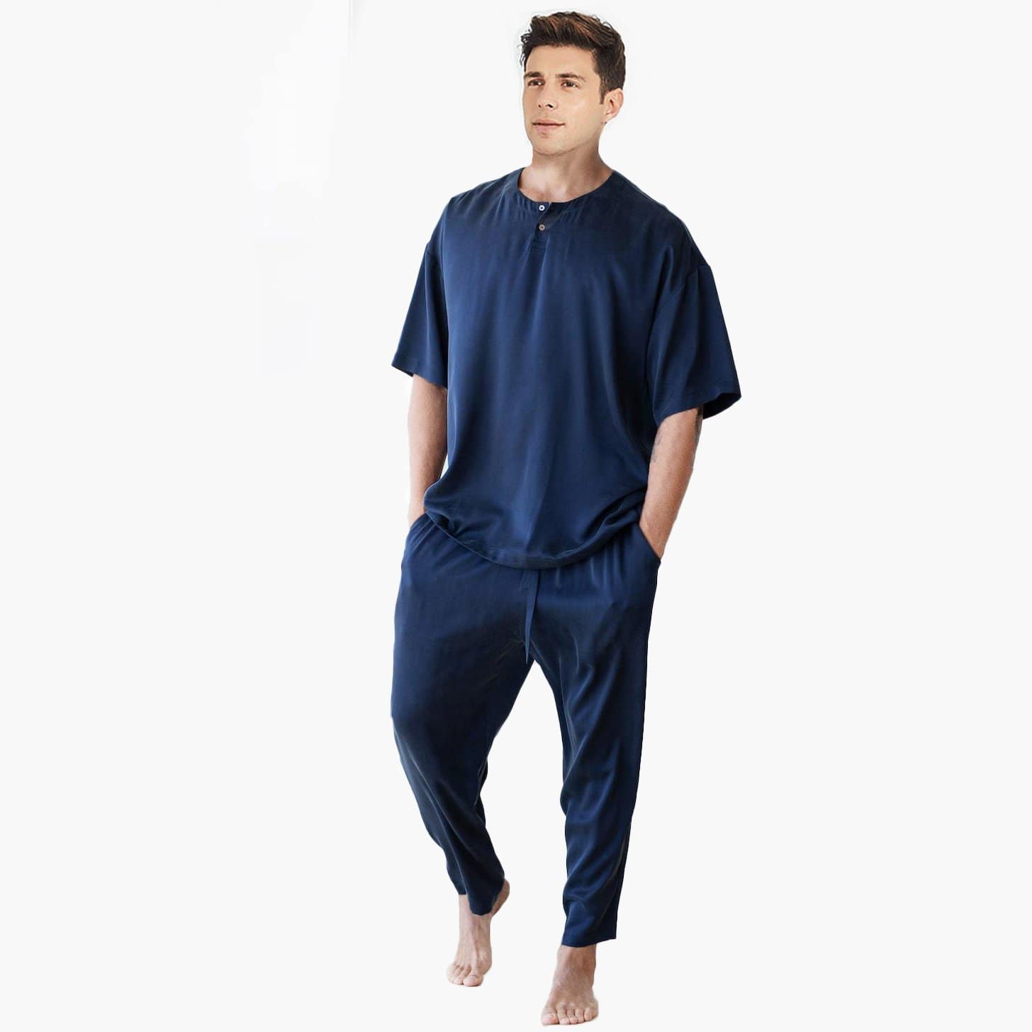 Men's Crew Neck Silk Pajama Set Short Sleeves Silk Pajamas