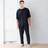 Men's Short Sleeve Silk Pajamas Simple  Crew Neck Short Silk Pajama Set -  slipintosoft