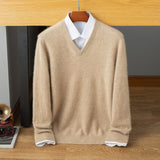 Mens V Neck Cashmere Sweater Long Sleeve Ribbed Hem Sweatershirt