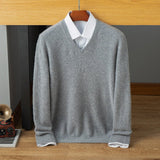 Mens V Neck Cashmere Sweater Long Sleeve Ribbed Hem Sweatershirt