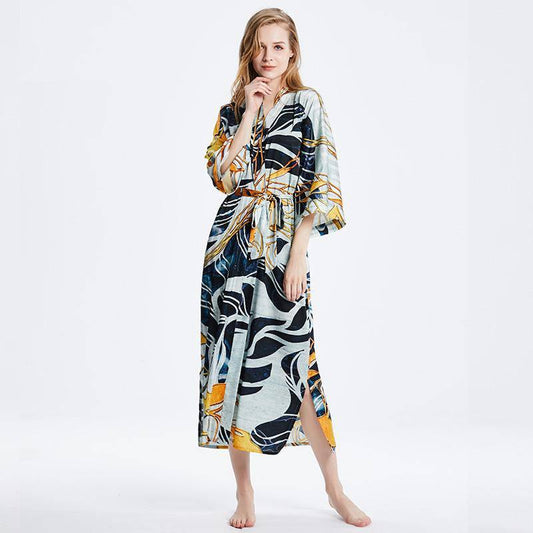 Mulberry Long Artistic Print Silk Kimono For Women Silk Bathrobe