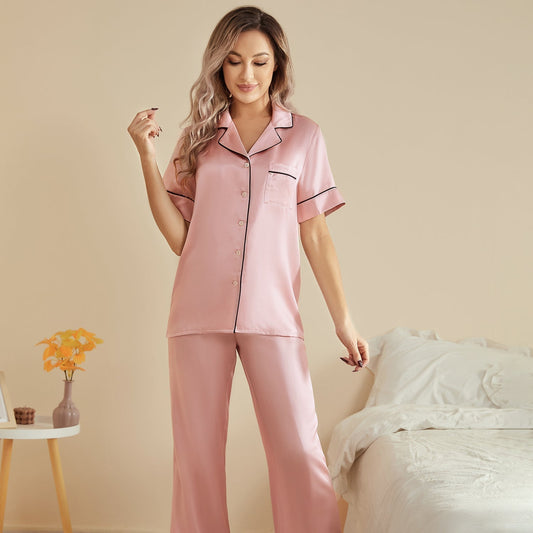 Classic Silk Pajamas Short Sleeve Long Pants Silk Pjs