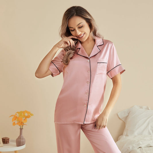 Classic Silk Pajamas Short Sleeve Long Pants Silk Pjs