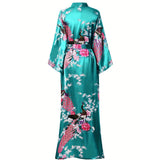 Mulberry Silk Kimono for Women Hand Painted Peacock & Flowers Nightwear - slipintosoft