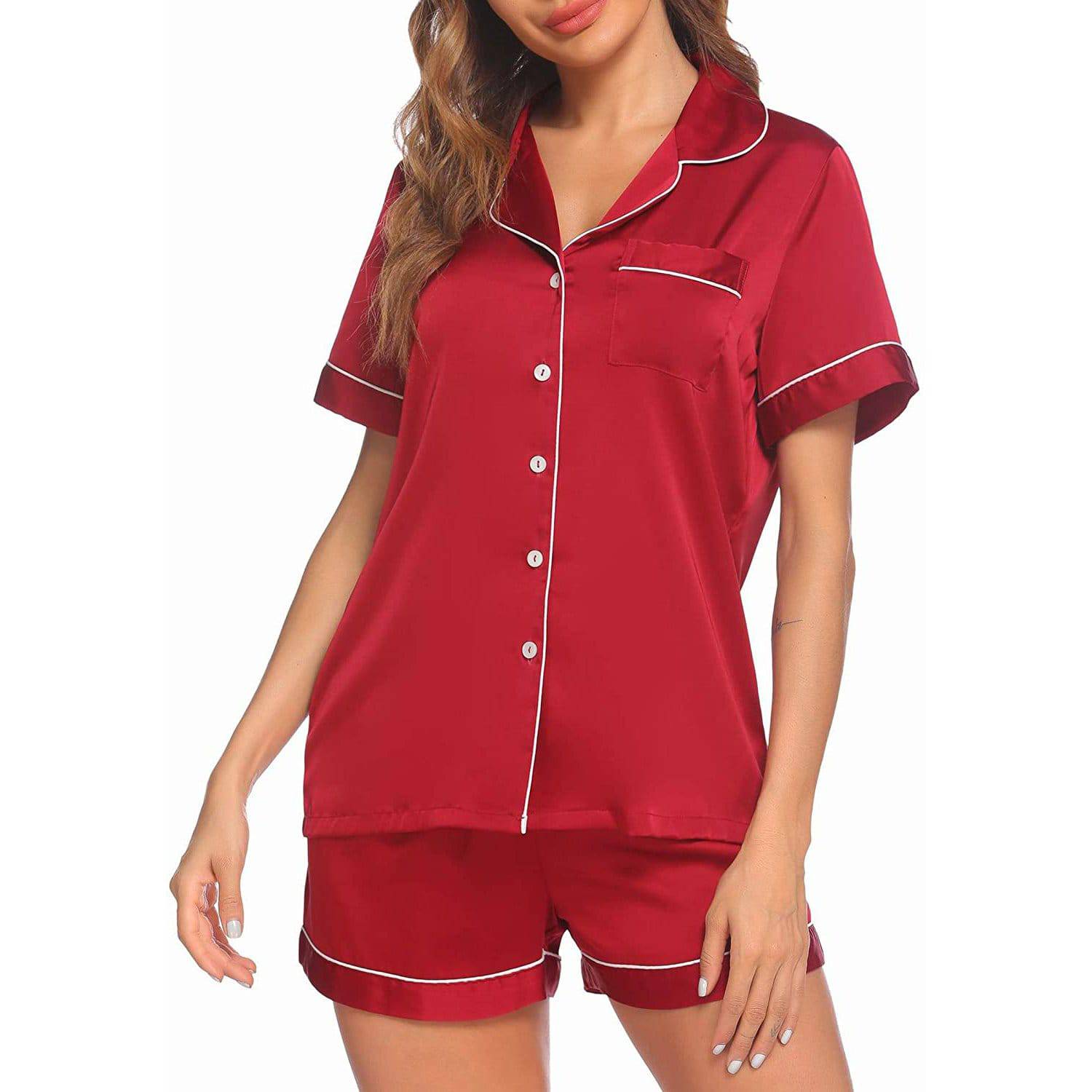 Silk Pajamas for Women's Short Silk Sleepwear Soft Silk Button Down Loungewear Pjs Shorts Set -  slipintosoft