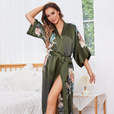 Women Ombre Floral Print Silk Kimono Robe Long 100% Mulberry Silk Robe