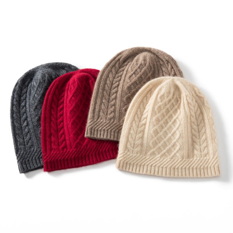 Pure Cashmere Beanie with Ribbing Edge Solid Cashmere Chunky Diamond Knit Hat Cashmere Hats