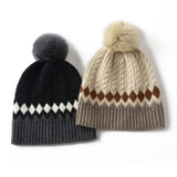 Pure Cashmere Hat with Fur Pom Cashmere Knitted Beanie for Women Cashmere Hats