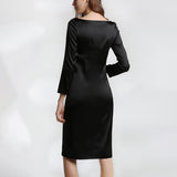 22 Momme Womens Black Slim Dress Long Sleeves Silk Straight Dress - slipintosoft