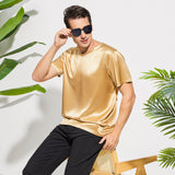 Luxury Pure Silk Shirt For Men Classic Short Sleeves V-Neck Silk Top Tee - slipintosoft