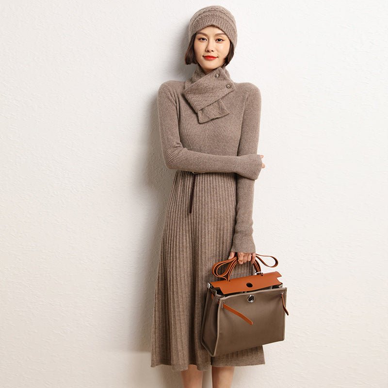 Ribbed Knit Cashmere Midi Dress Mock Neck Cashmere Dress for Women