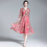 Rose Red Floral Silk Midi Dress with Ruffled V - Neck Women Silk Dresses