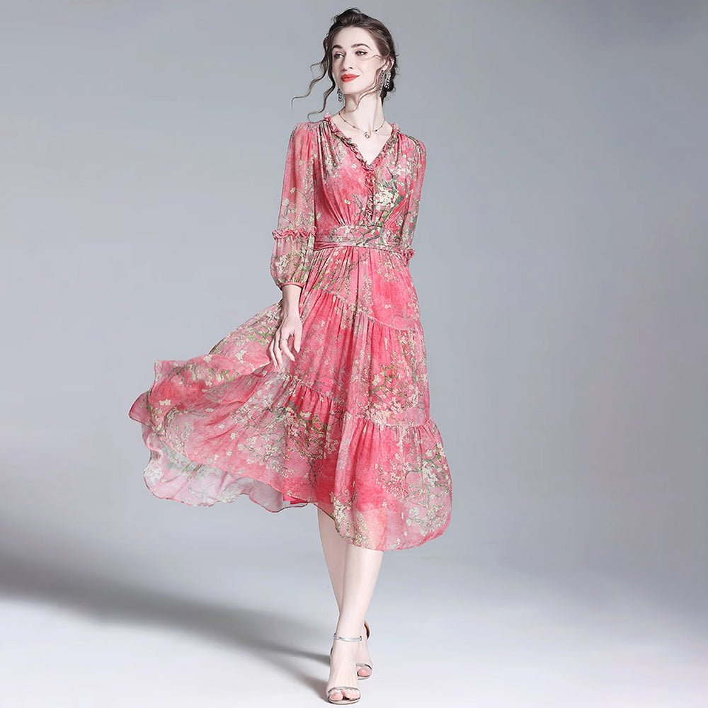 Rose Red Floral Silk Midi Dress with Ruffled V - Neck Women Silk Dresses