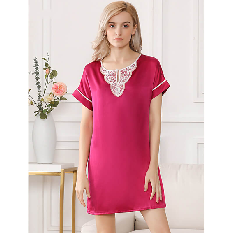 Rose Red Round Neck Short Sleeved Lace Neckline Silk Nightgown - slipintosoft