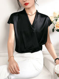 Womens Short Sleeves Wrap Silk Blouse Tops - slipintosoft