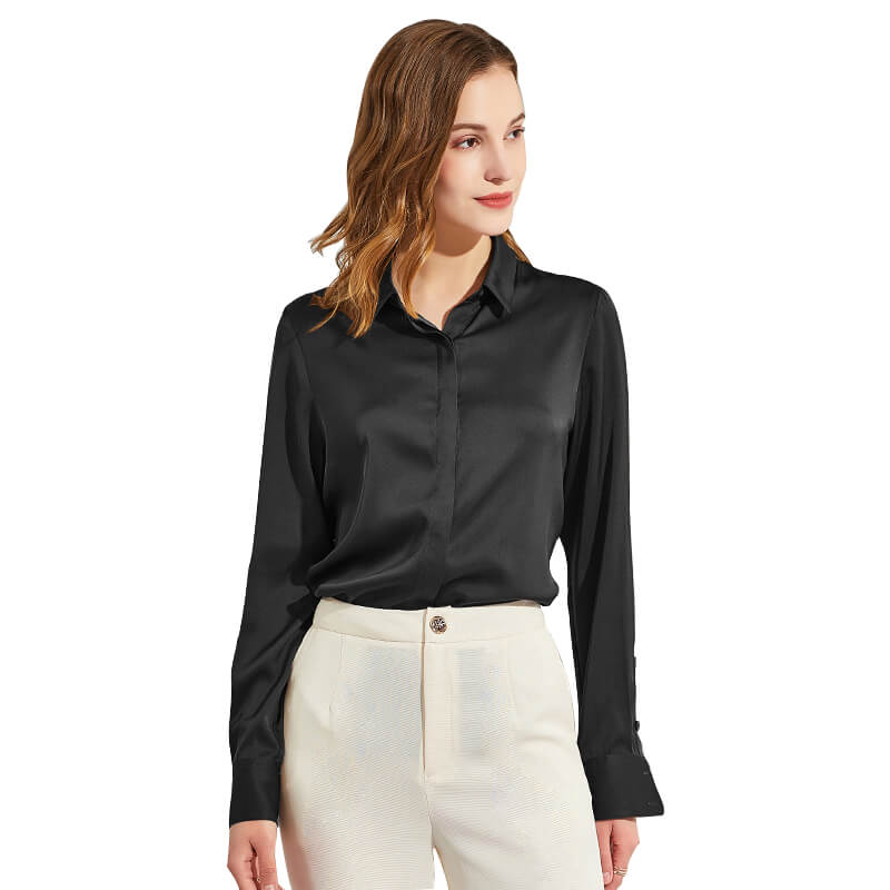 Black silk blouses for women dressy casual Long Sleeve Silk Button Shirts