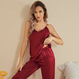 Classic V Neck Silk Camisole Pajama Set For Womens Sleeveless Silk Sleepwear - slipintosoft