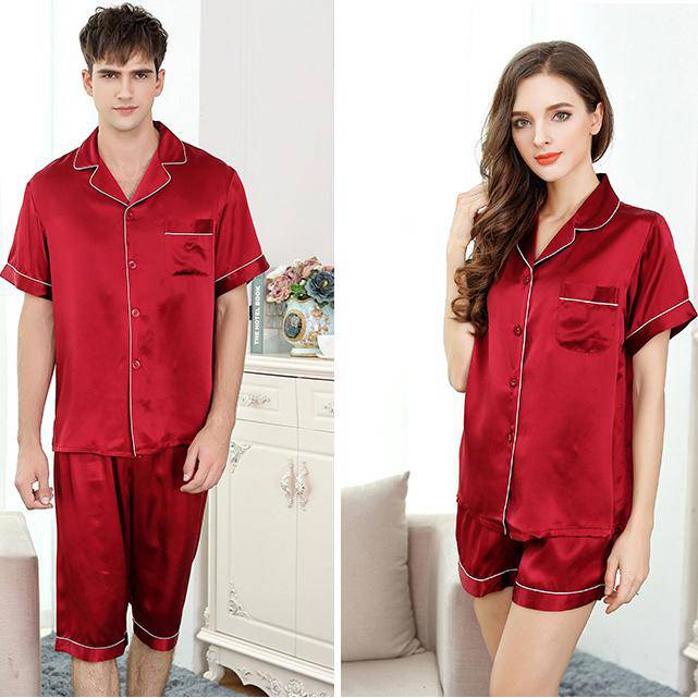 Silk Couple Pajamas Short Silk Pyjamas Set For Men And Women