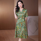 silk floral dress for women summer silk midi dress elegant green silk dress silk dresses - slipintosoft