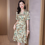 silk floral dress for women summer silk midi dress elegant green silk dress silk dresses - slipintosoft