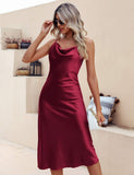 Silk midi Dress For Women Summer Cowl Neck pure Formal Dresses - slipintosoft