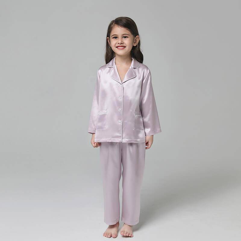 19 Momme Kid's Silk Pajamas Set Girls' Cute Long Sleeves Nighties with White Trimming -  slipintosoft