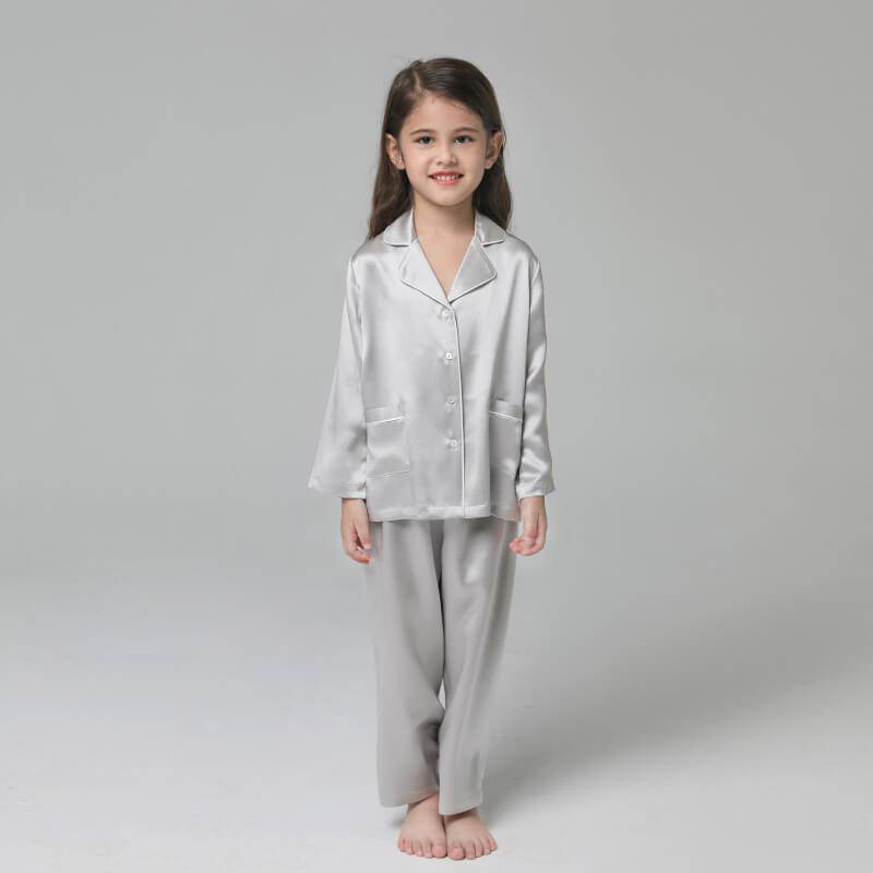 19 Momme Kid's Silk Pajamas Set Girls' Cute Long Sleeves Nighties with White Trimming -  slipintosoft