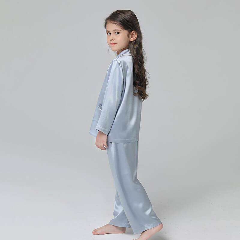 19 Momme Kid's Silk Pajamas Set Girls' Cute Long Sleeves Nighties with White Trimming -  slipintosoft