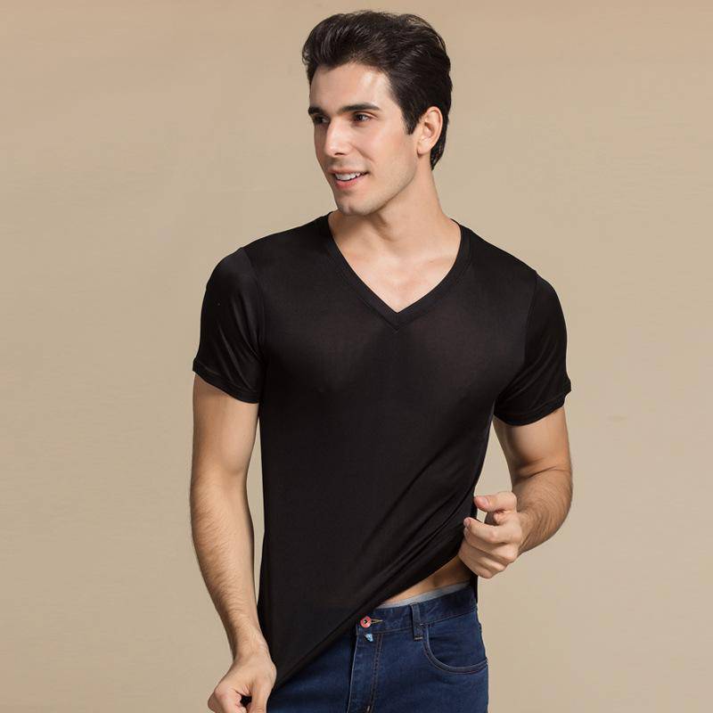 Silk Tee For Mens Mulberry Silk Knitted V Neck T Shirts Short Sleeve Undershirts Silk Shirts for Men - slipintosoft